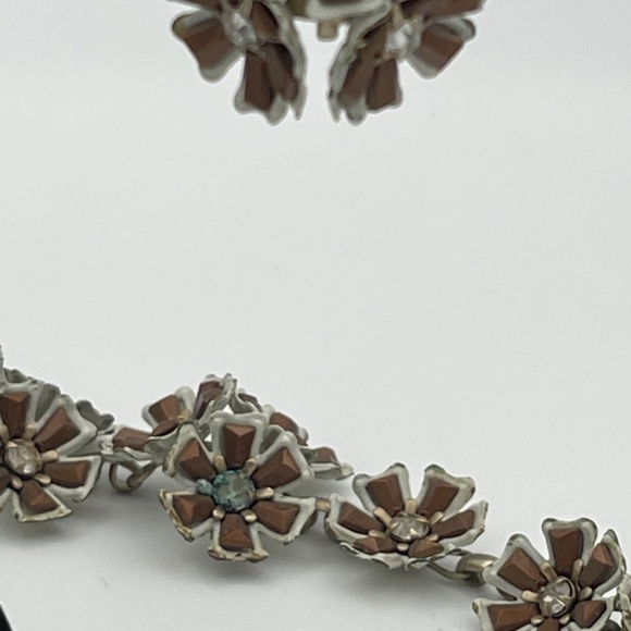 Vintage Necklace Matching Set Earrings Brown White Clear  Crystal - Picture 5 of 8